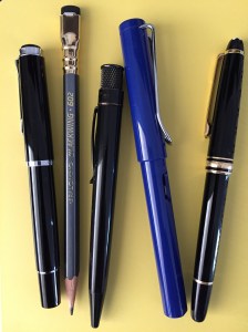 (L to R) Pelikan M205; Palomino Blackwing 602; Retro 51 Stealth; Lamy Safari; Montblanc Meisterstuck Classique