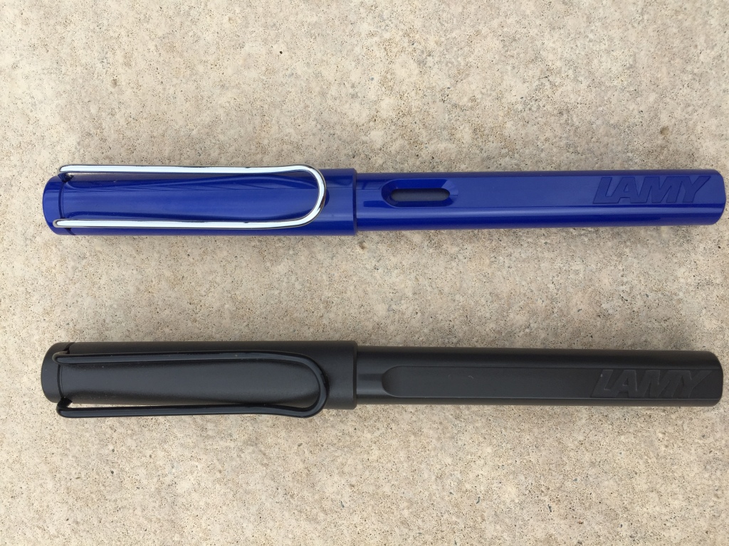 Top: Lamy Safari Fountain Pen - Blue; Bottom: Lamy Safari Rollerball - Matt Charcoal