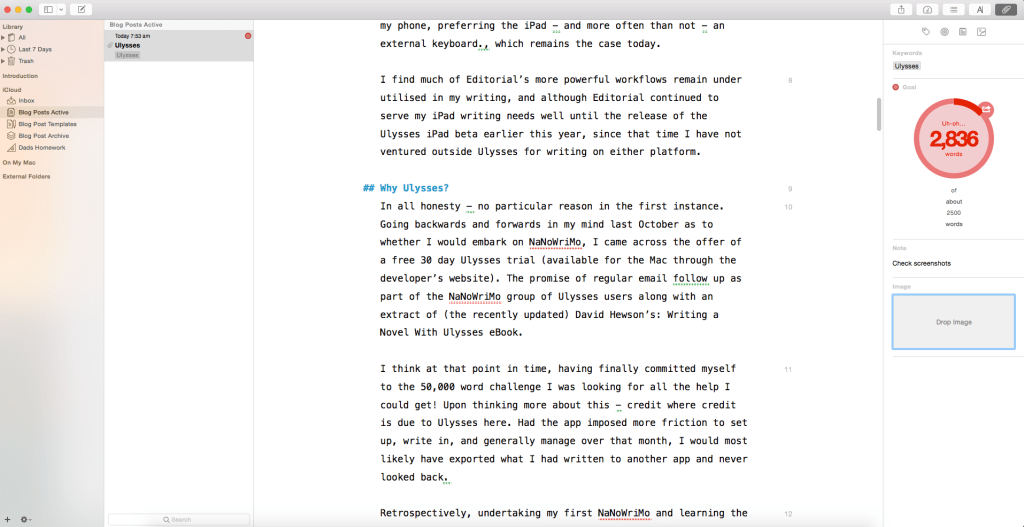 Attachments bar and with word count goal far right.