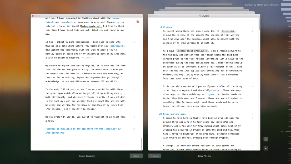 Mac view of version screen - date scroll marker far right